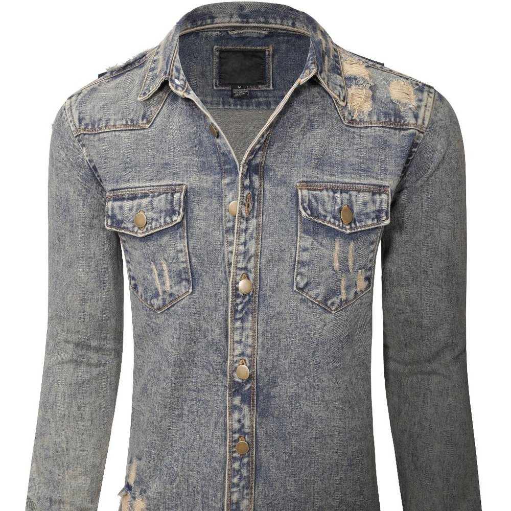 Men's Ripped Denim Jacket Button Shirt in Vintage Medium